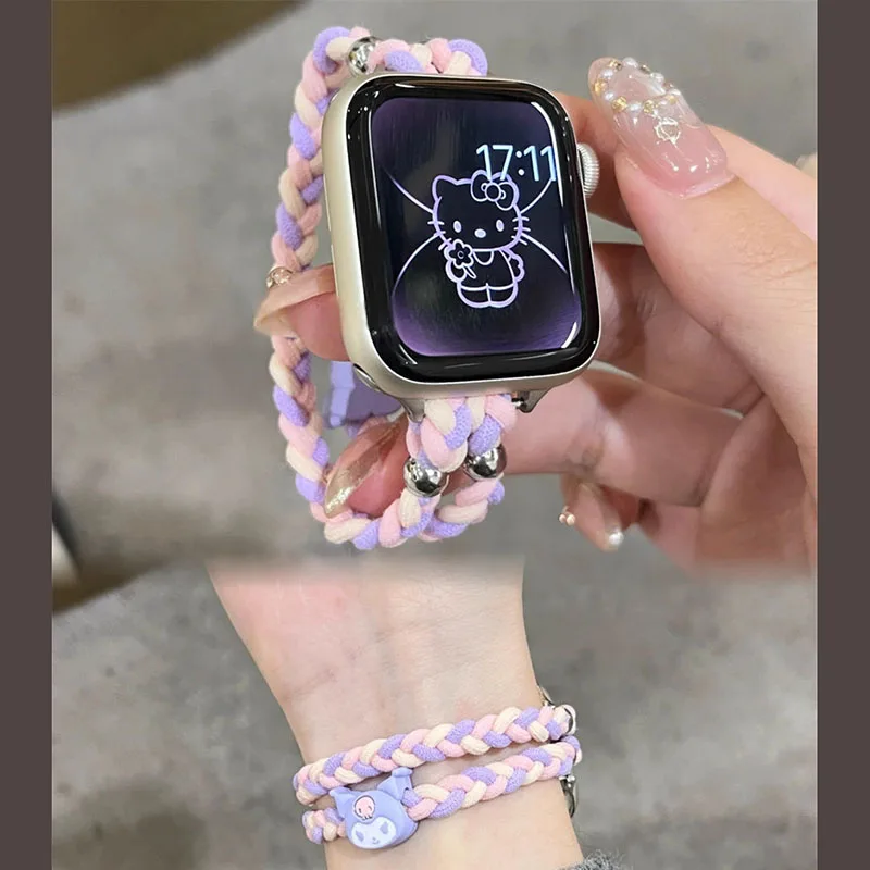 Miniso Kittys Red Braid Watch Band Women Bracelet for Apple Watch 38mm 40 42 45 44mm 9 8 7 6 5 for IWatch Ultra Strap Girl Gift