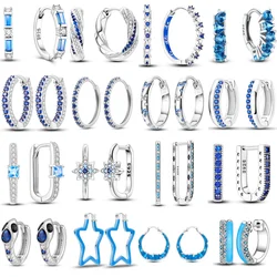 925 Sterling Silver Geometric Minimalist Blue Series Jewelry Fashion Zircon Circle Hoop Earring For Women S925 Gift Accessories
