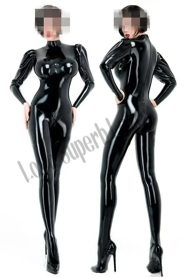 

Handmade Rubber Bodysuit Women Black Latex Fetish Catsuit 3D Breast Long Puffed Sleeves with Back Crotch Zipper Plus Size