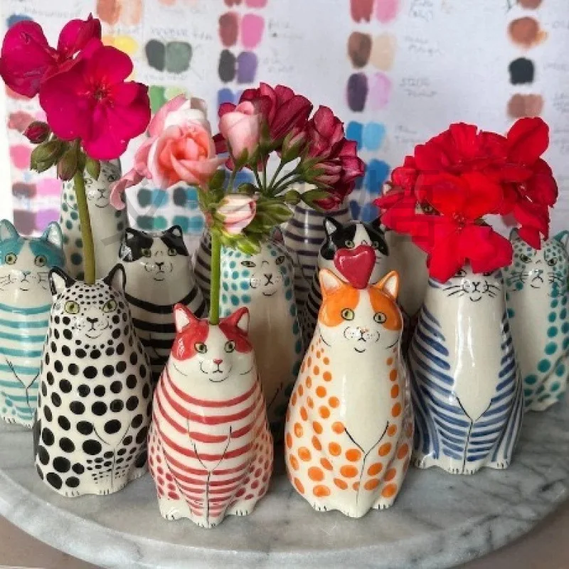 Polka Dot Cat Ceramic Vase Cute Cat Shaped Flower Pot Outdoor Art Home Decor Desktop Flower Arrangement Display Gift