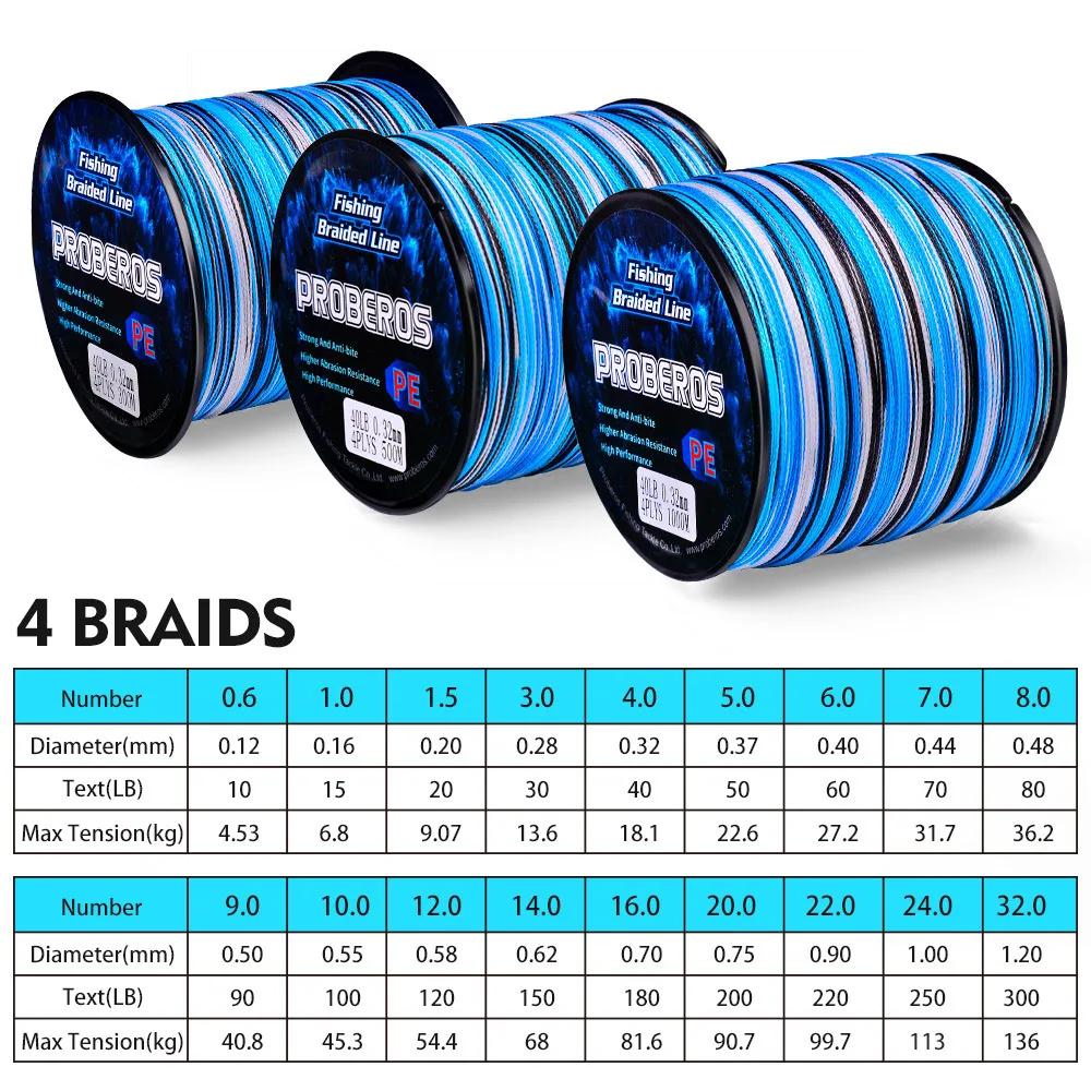 PROBEROS 500M 4 Braids Fishing Line Abrasion Resistance 4 Weaved Fish Wire 10-100LB Cord Fishing Tackle PE Braided Sea Fishline