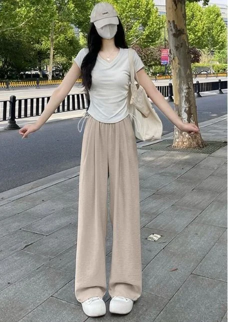 Pantaloni a gamba larga Lunghi da donna Primavera Pieghe in poliestere Cintura per giovani Urban Kpop Training Twill a vita alta Bunched Kinetic Chic