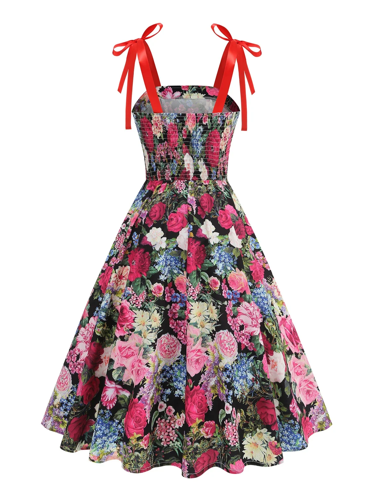 2025 60s ผู้หญิง Multicolor Floral Fit และ Flare ชุดเดรสวินเทจ Bow Tie สายรัด Shirred กลับวันเกิดพรหมชุดราตรี