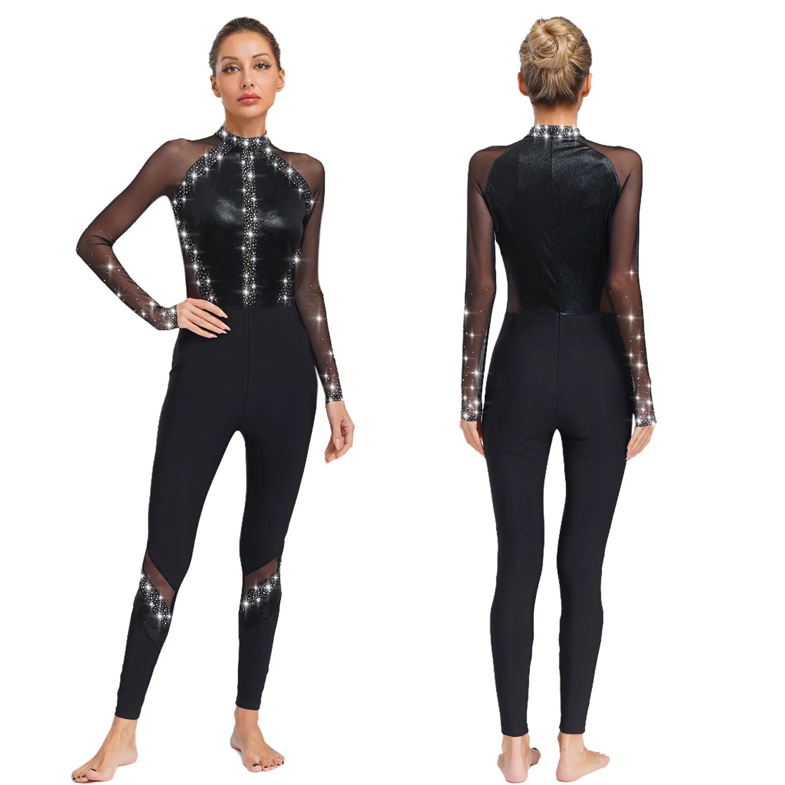 

Womens Elegant Gymnastics Leotard Sparkling Rhinestone Ballet Yoga Dance Jumpsuit for Skating Dance Competitions Performance
