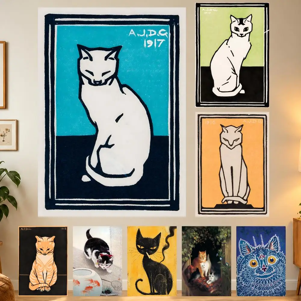 Quaint Playful Art Vintage Japanese Cat Poster Home Wall Decor for Living Room Bedroom Office Aesthetic Room