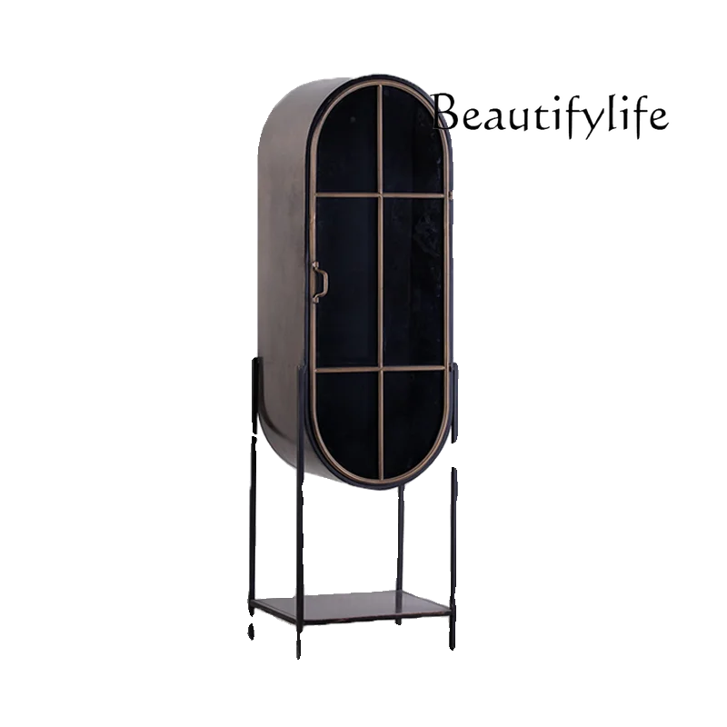 

American light luxury wrought iron glass wine cabinet arched door retro old ultra-thin aisle cabinet kitchen cabinet