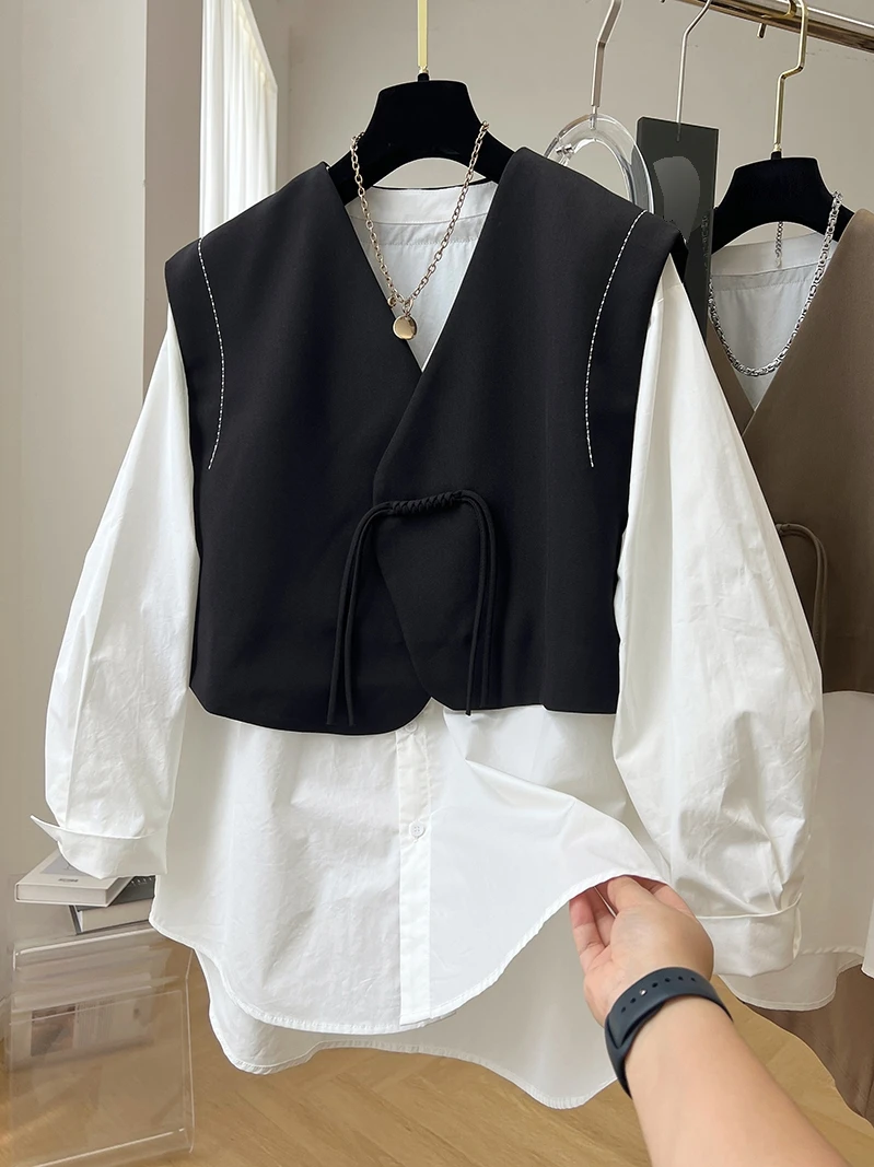 New Chinese Style Buckle Suit Vest Two-piece Set White Shirts Chalecos Para Mujer Black Waistcoat Women Y2k Vintage Tops