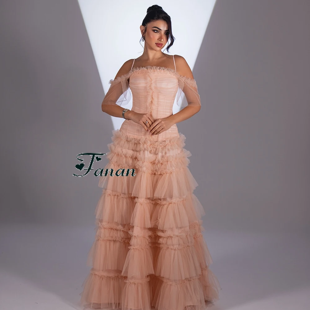 Customized Off the Shoulder Simple Tulle Evening Dress Ruffles Sleeveless A-line Party Dress Straps Backless Floor Length Gowns