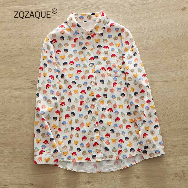 Women\'s Long Sleeve Blouse with Pocket Loose Casual Nice Tops Fresh Style Shirt Cute Cartoon Head Printing New Autumn SY2673