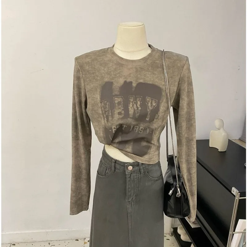 

Autumn Retro Round Neck Brushed Rendering Gradient Long-sleeved T-shirt Women's Bottoming Shirt Trendy Tops