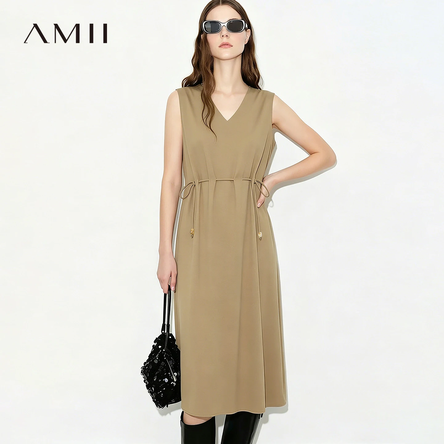 Amii V Neck Women's Dress 2026 Summer New Sleeveless Loose Drawstring Simple Office Casual A-Line Midi Dress For Women 12642155