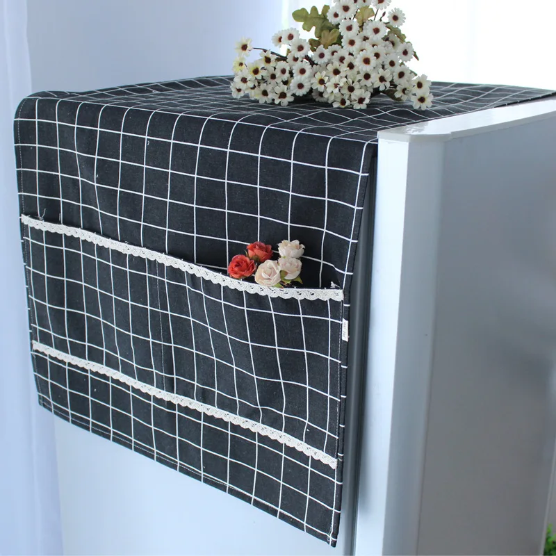 Pastoral Plaid Cotton and Linen Refrigerator Cover Washing Machine Dust Cover Cover Cloth Single Door Double Door Cover Cloth