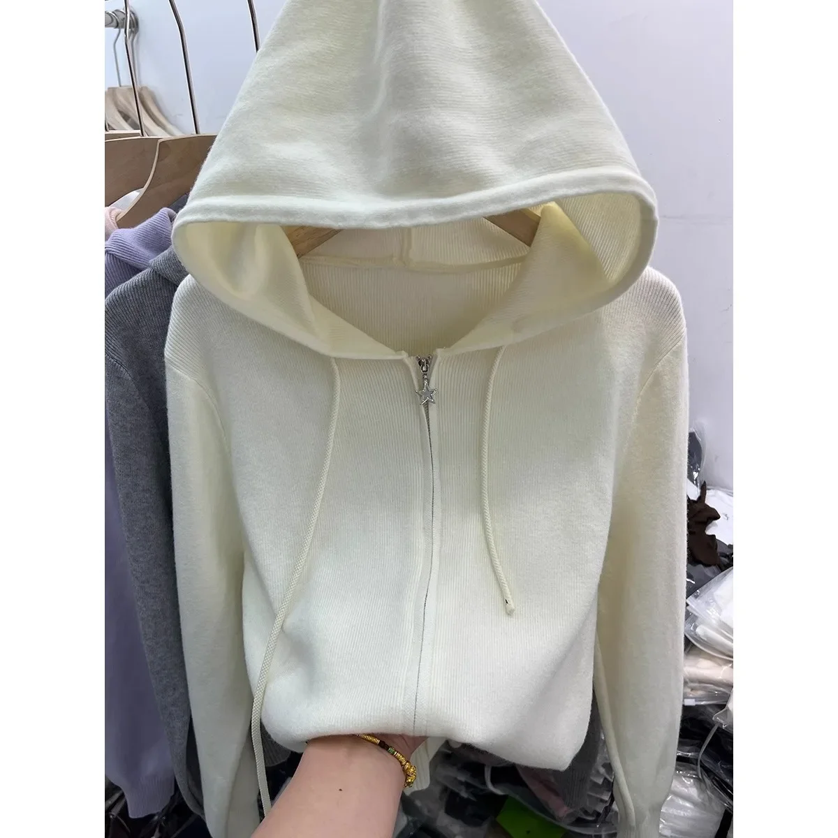 

Outerwear Double Zipper Style New Arrival Summer Thin Model Women's Casual Long Sleeve Knitted Cardigan Hoodie