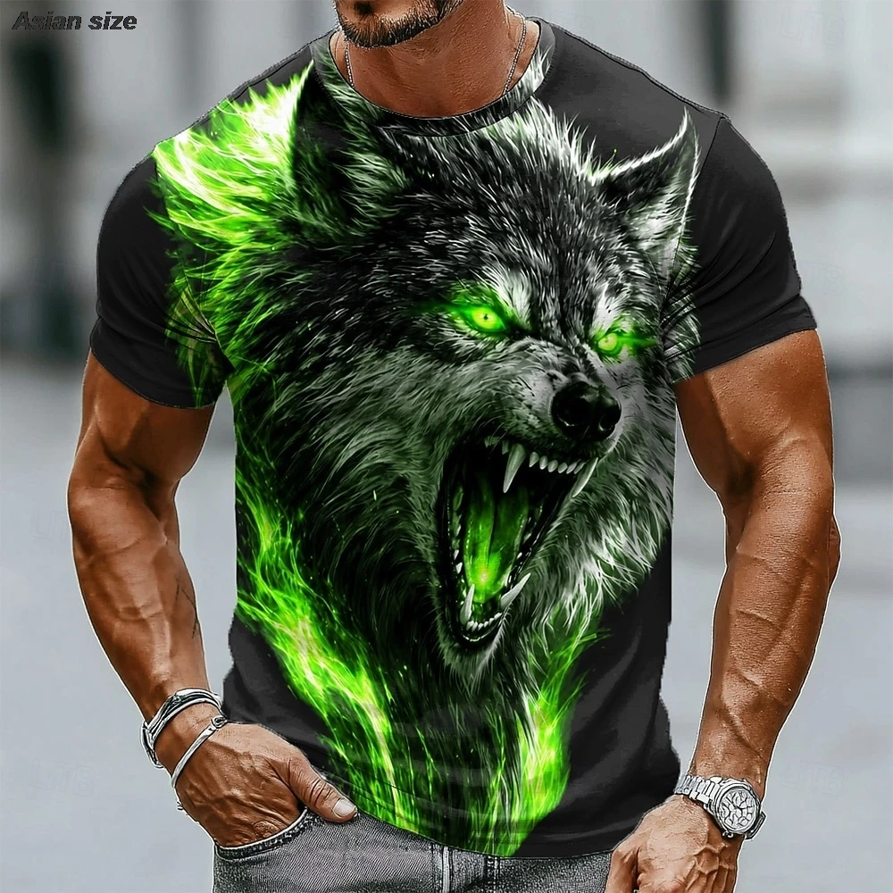 Blue Flame Angry Wolf 3D Print Men T‑Shirt Crew Neck Short Sleeve Animal Fashion Tops