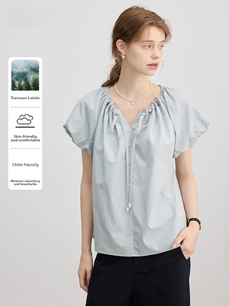 

French Style Loose Bubble Sleeve Shirt Women's Summer Casual Floral Print round Neck Tie Waist Short Sleeve Doll Top