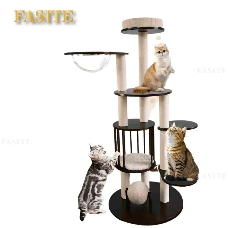 For Large Cats Solid Wood Multi-layer Space Capsule Cat Tree Vertical Sisal Scratching Post Compact Cat Climbing Frame