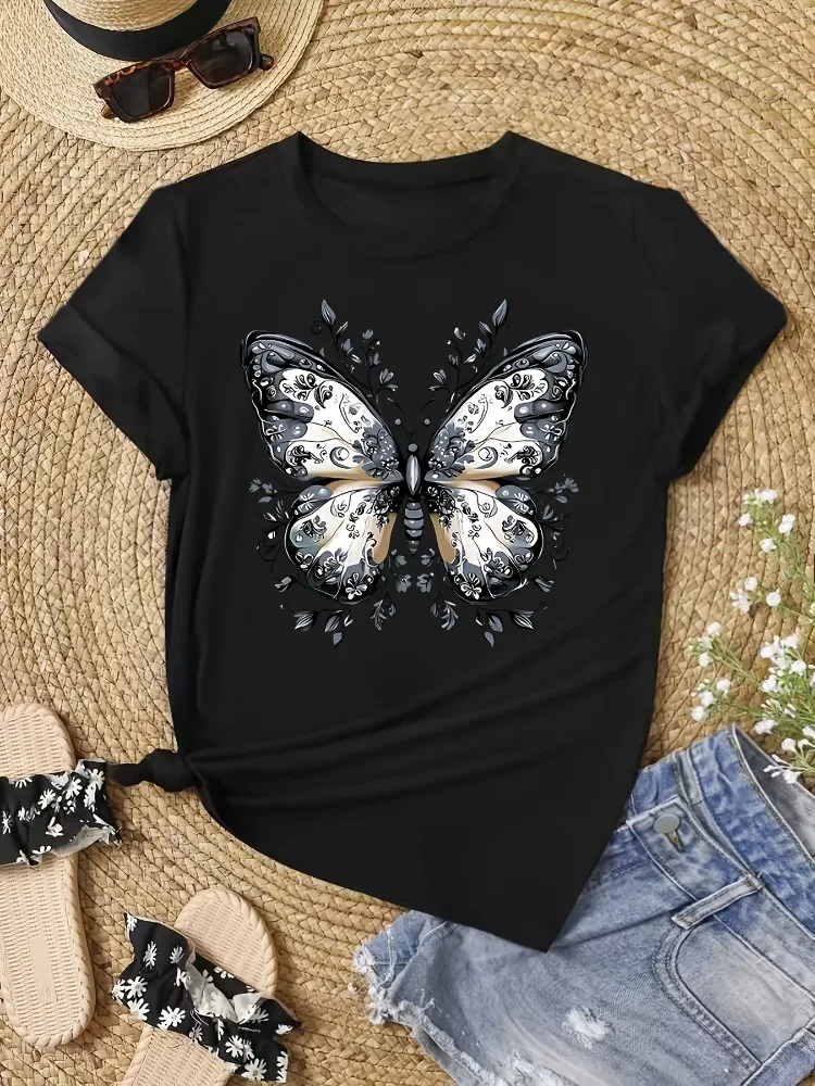 

Butterfly Print Women's Fashion T-Shirt Cotton Short-Sleeve Round Neck Oversized Harajuku Shirt Casual Streetwear Top