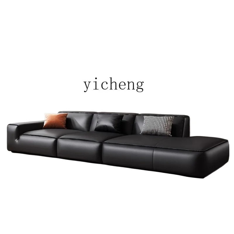 

ZF Light Luxury Big Black Cow Leather Sofa First Layer Leather Modern Minimalist Sofa Living Room