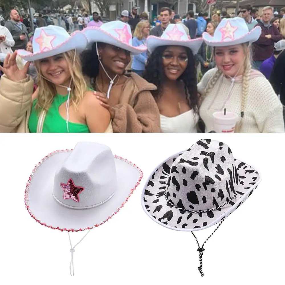 Costume Party Neck Draw String Adjustable Adult Size Pink Star Cowboy Hat Cow Girl Hat White Cowgirl Hat