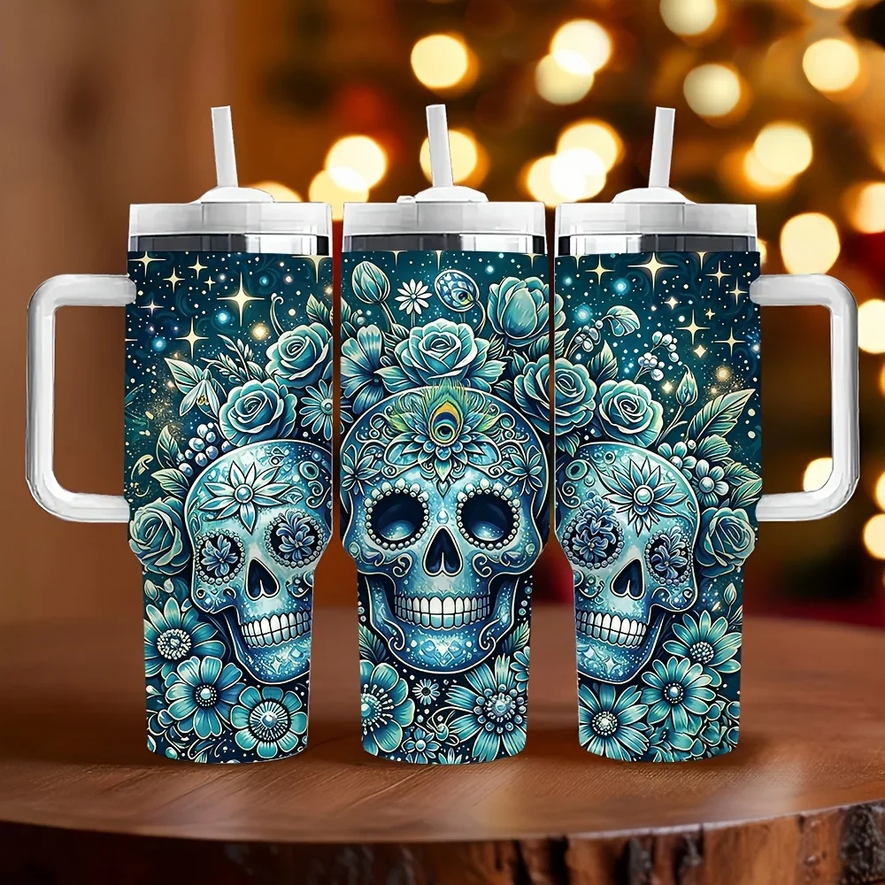 40Oz Insulated Tumbler with Handle, Blue Sugar Skull Floral Print, Perfect Holiday And Birthday Gift, Keeps Drinks Temperature for a Long Time, Suitable for Daily Use, Outdoor Activities, And Travel
