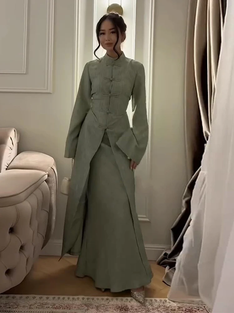 

Chinese Style Women Robe Set Chic Stand Collar Single Breasted Long Sleeve Female Robe Ruffles Long Dress Slim Fitting Spring