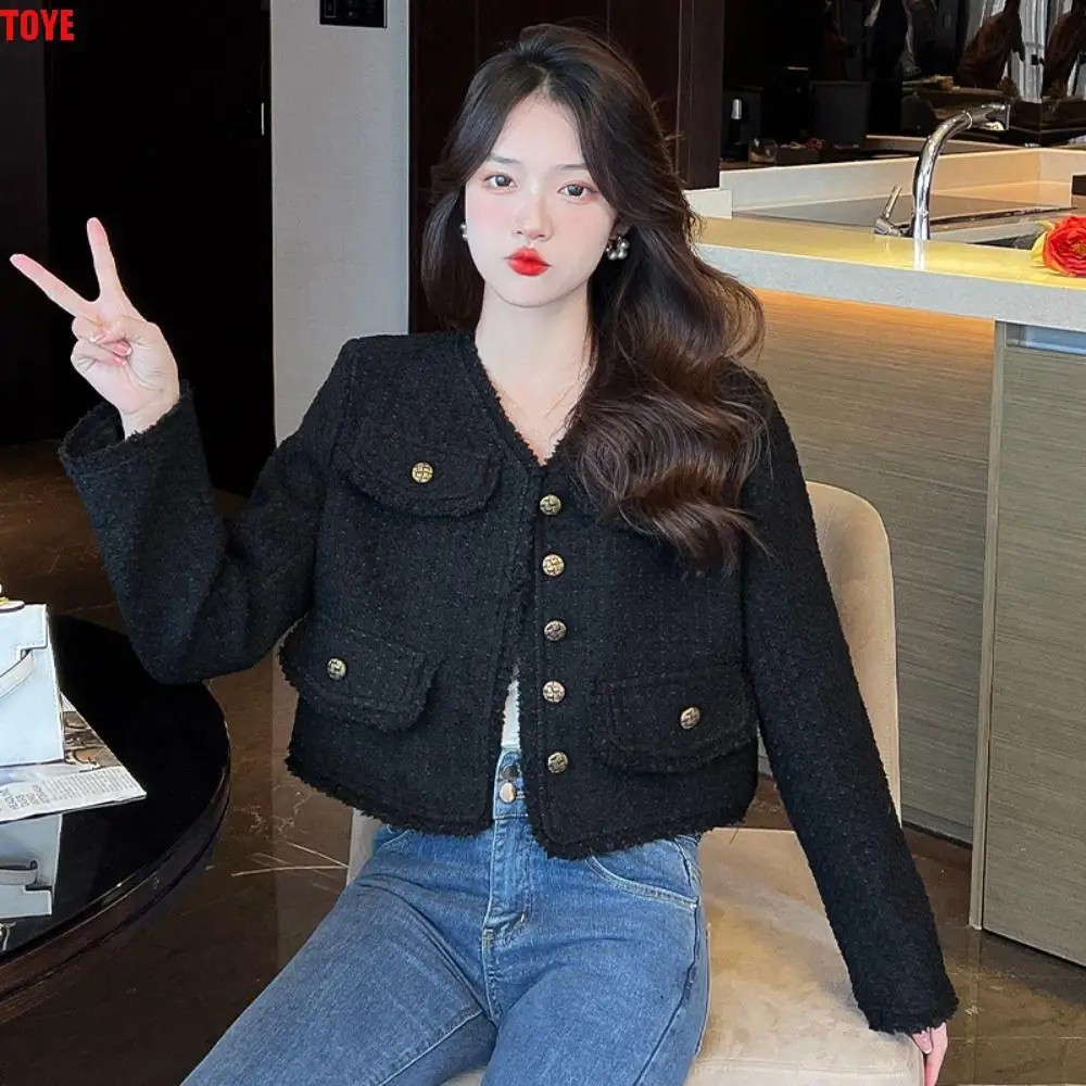 

Retro Y2k Elegant Jacket Women Tweed Korean Vintage Coats Chic Outerwear Socialite Style Jacket Holiday