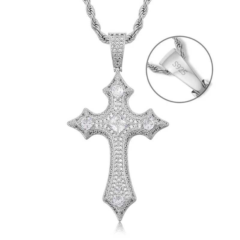 S925 Sterling Silver Bling Ice Out Zircon Solid Cross Pendants Necklaces for Men Women Rapper Jewelry Gift Drop Shipping