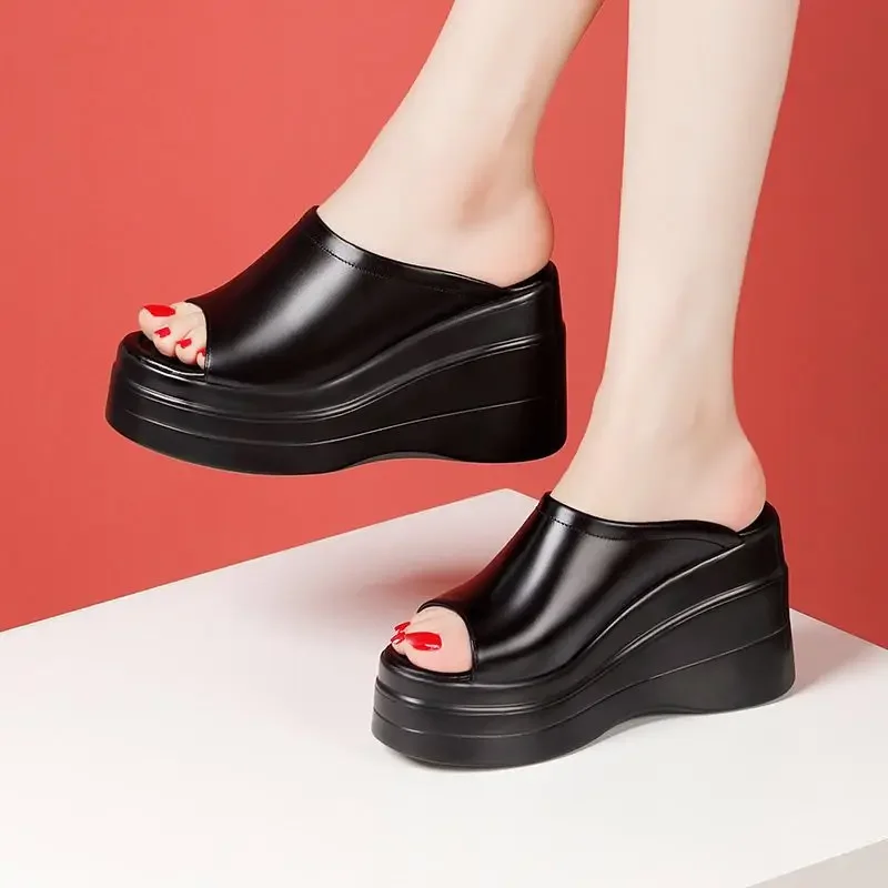 9.5cm Small Size 32-43 Comfortable Chunky Platform Shoes Genuine Leather Slippers 2024 High Heels Wedges Slides Office Model