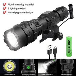 Professional 10W L2 LED Hunting Flashlight USB Rechargeable Tactical Torch 5 Mode Lantern+Rifle Scope Mount+Switch+18650+Charger