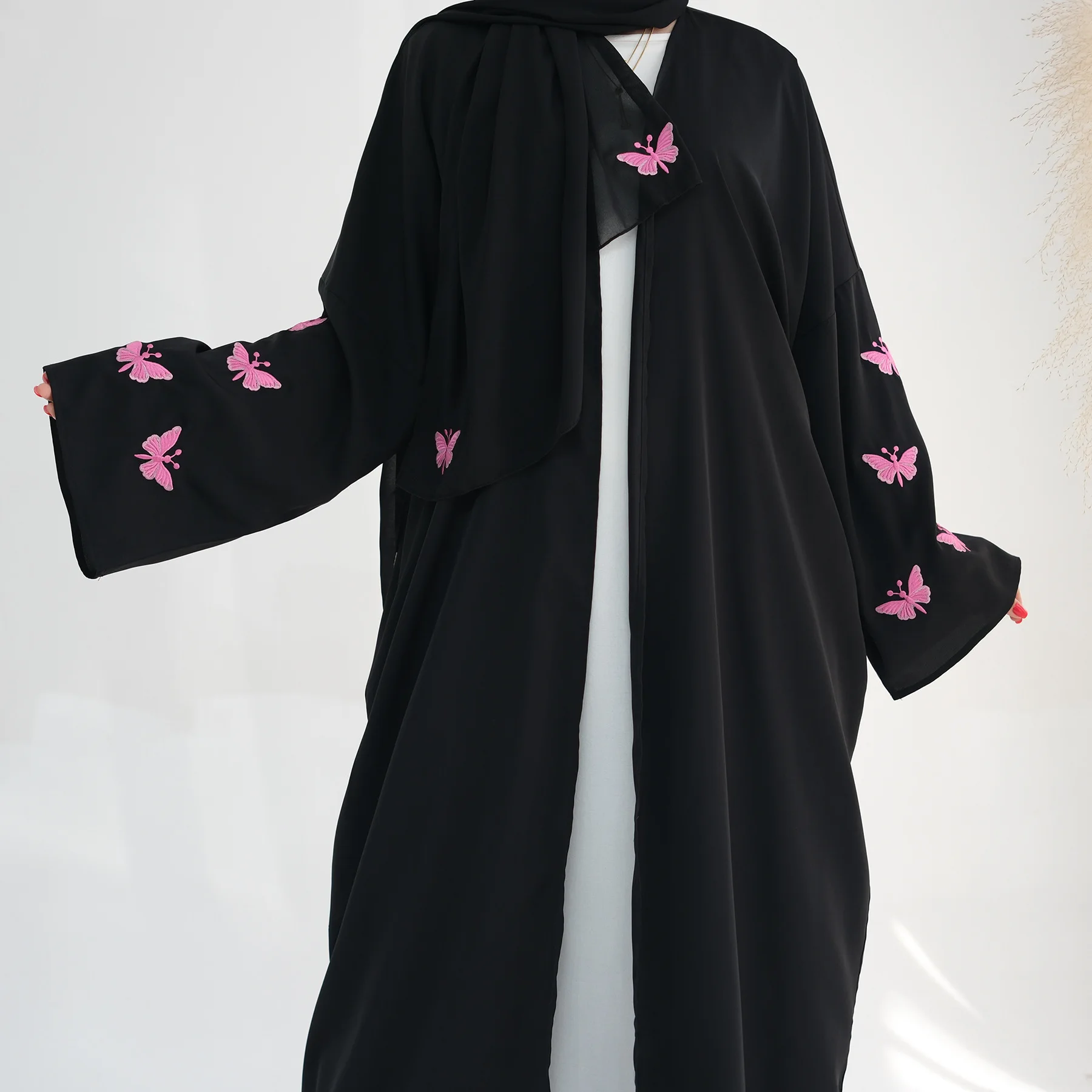 Abaya con bordado de mariposa de Dubái para mujer, vestido largo, cárdigan, bufanda, bata árabe, Kimono abierto musulmán, caftán, ropa islámica de Ramadán