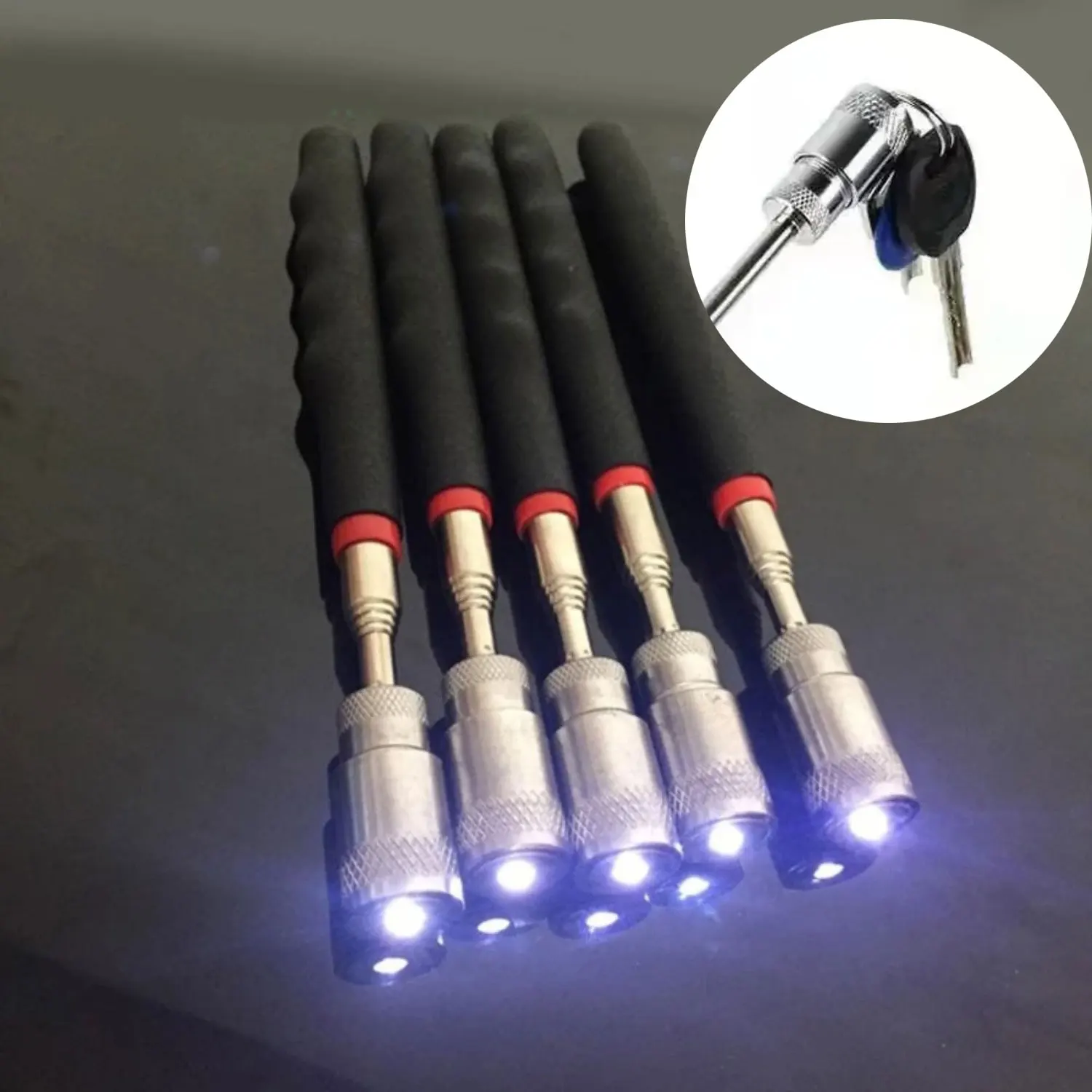 Telescopic Adjustable Magnetic Pick-Up Tools LED Light Magnet Long Extendable Long Reach Auto Repair Parts Flexible No Lights