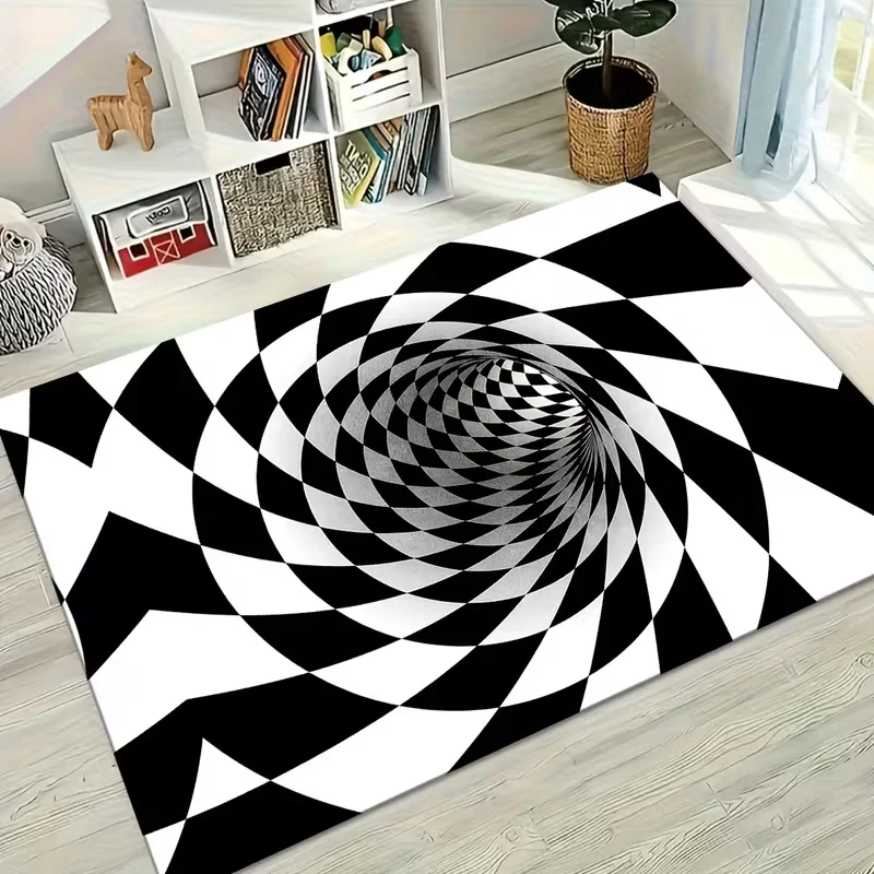 2D Vortex Illusion Black Gold Checkered Rug Non Slip Mat Creative Visual Trap Design Living Room Bedroom Entryway Funny Carpet