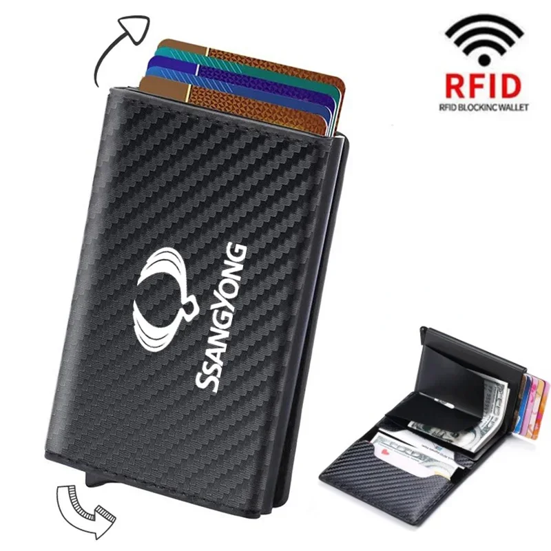 For Ssangyong Rodius Rexton Korando Kyron Carbon Fiber Credit Card Holder Wallets Men Rfid Black Magic Trifold Leather