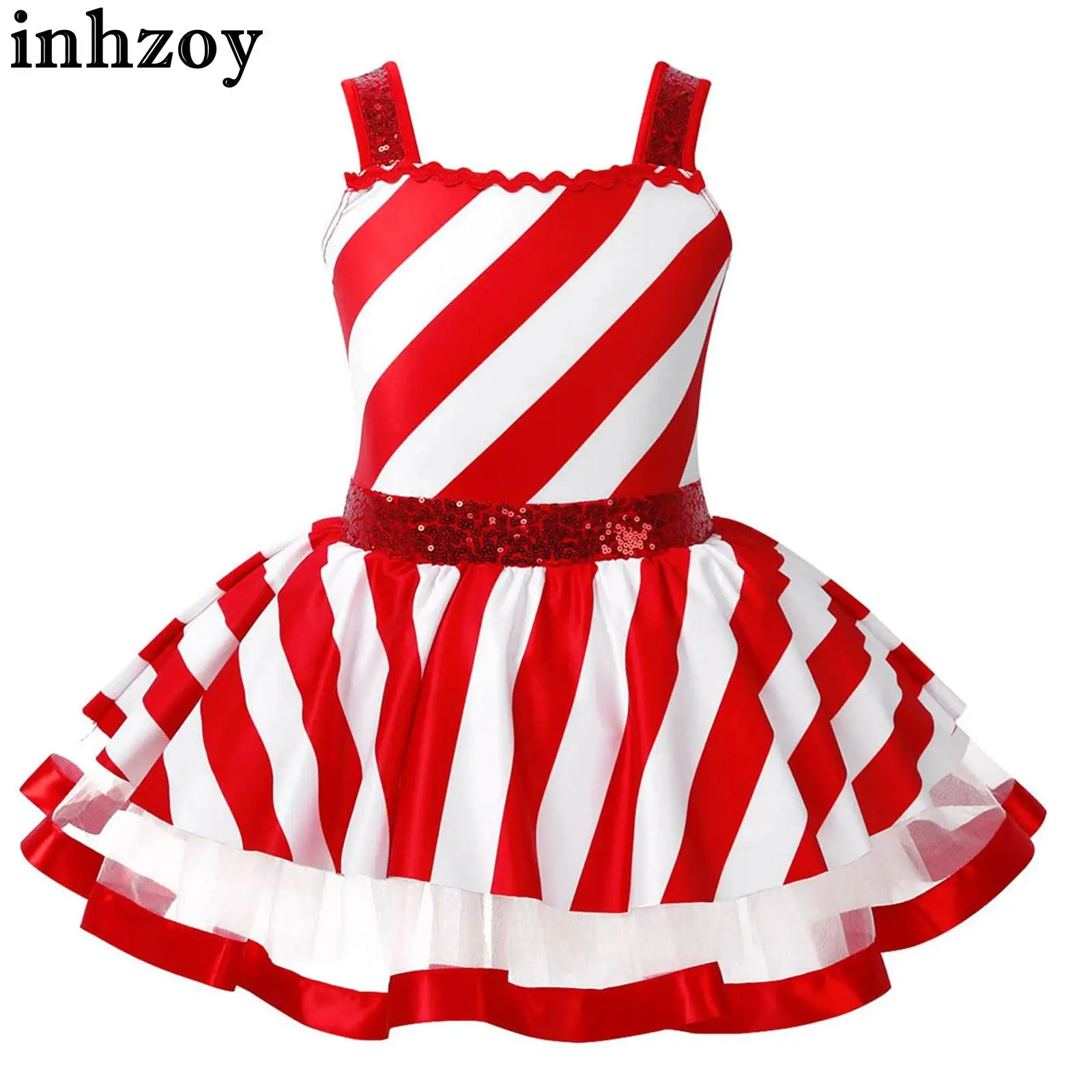 Children Girls Christmas Candy Cane Costume Ballet Dance Gymnastics Skating Tutu Leotard Dress for Carnival Circus Performance