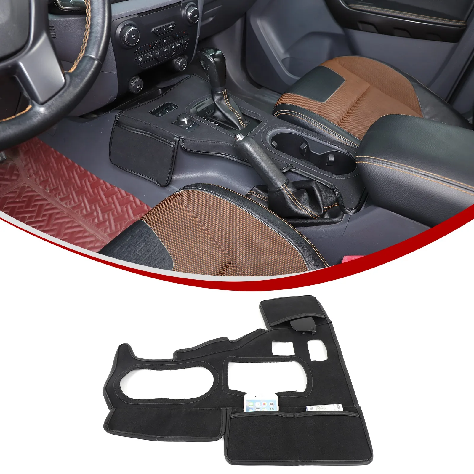 

2In1 Black Cloth Car Console Transmission Protect Cover For Ford Ranger 2015-22 Gear Shifter Cover W Storage Phone Pouch Pocket