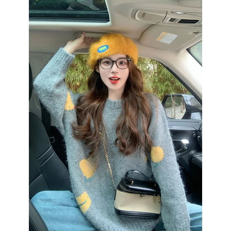 ay Cartoon Oversized Thiened Lazy Sle Retro Loose Women's Knitted Sweater Autumn Winter New Arrival Versatile Comfortable