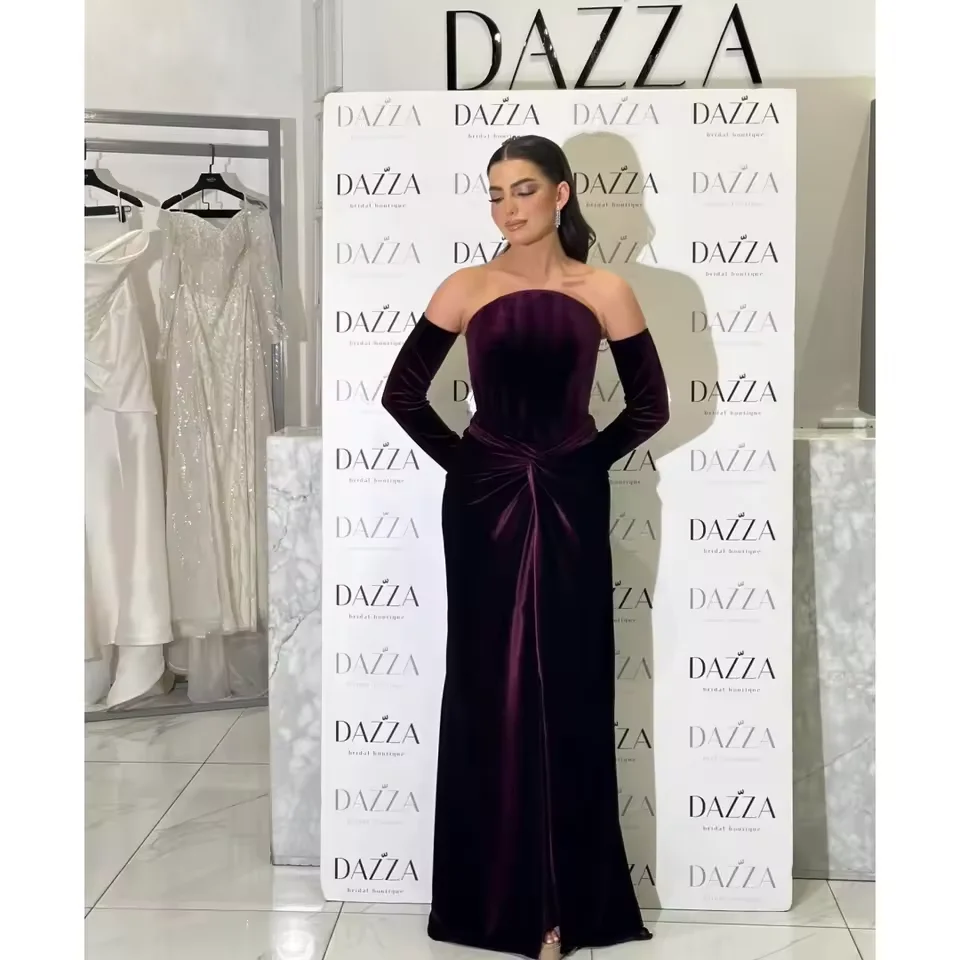 Vestidos de fiesta de terciopelo burdeos personalizados, guantes largos con hombros descubiertos, vestido de fiesta de celebridades, vestidos de noche formales de Dubái