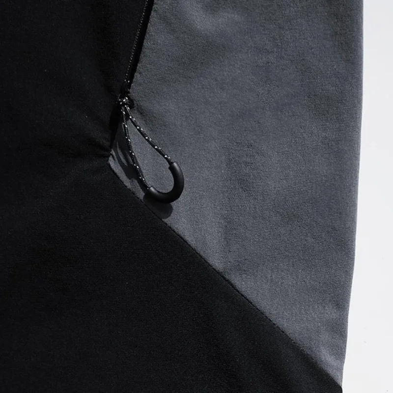 New Black Gray Color Block T-shirt for Men Japanese Mountain Style Quick Drying Training Jersey Trendy Collar Zipper T-shirt