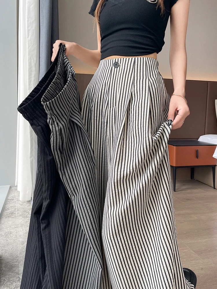 Women's High Waist Wide Leg Pants Ice Silk Striped Slimming Loose Casual Draping Straight Floor Length Suit Trousers