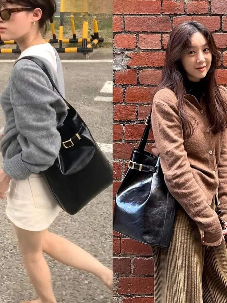 Export South korea 2024 New Women's Bag Zheng Liyuan Same Sle Oil Wax Leather Cowhide Shoulder Bag Shoulder Bucket Bag Women