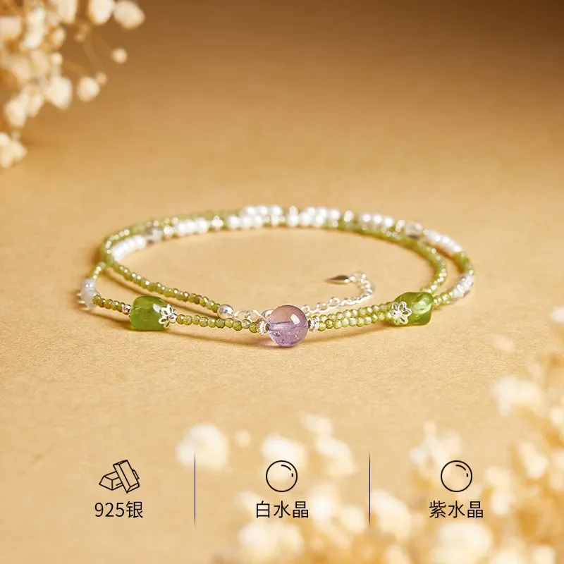 Original Design S925 Sterling Silver Peridot Amethyst White Crystal Bead Necklace Women's Niche Premium Sense Clavicle Chain