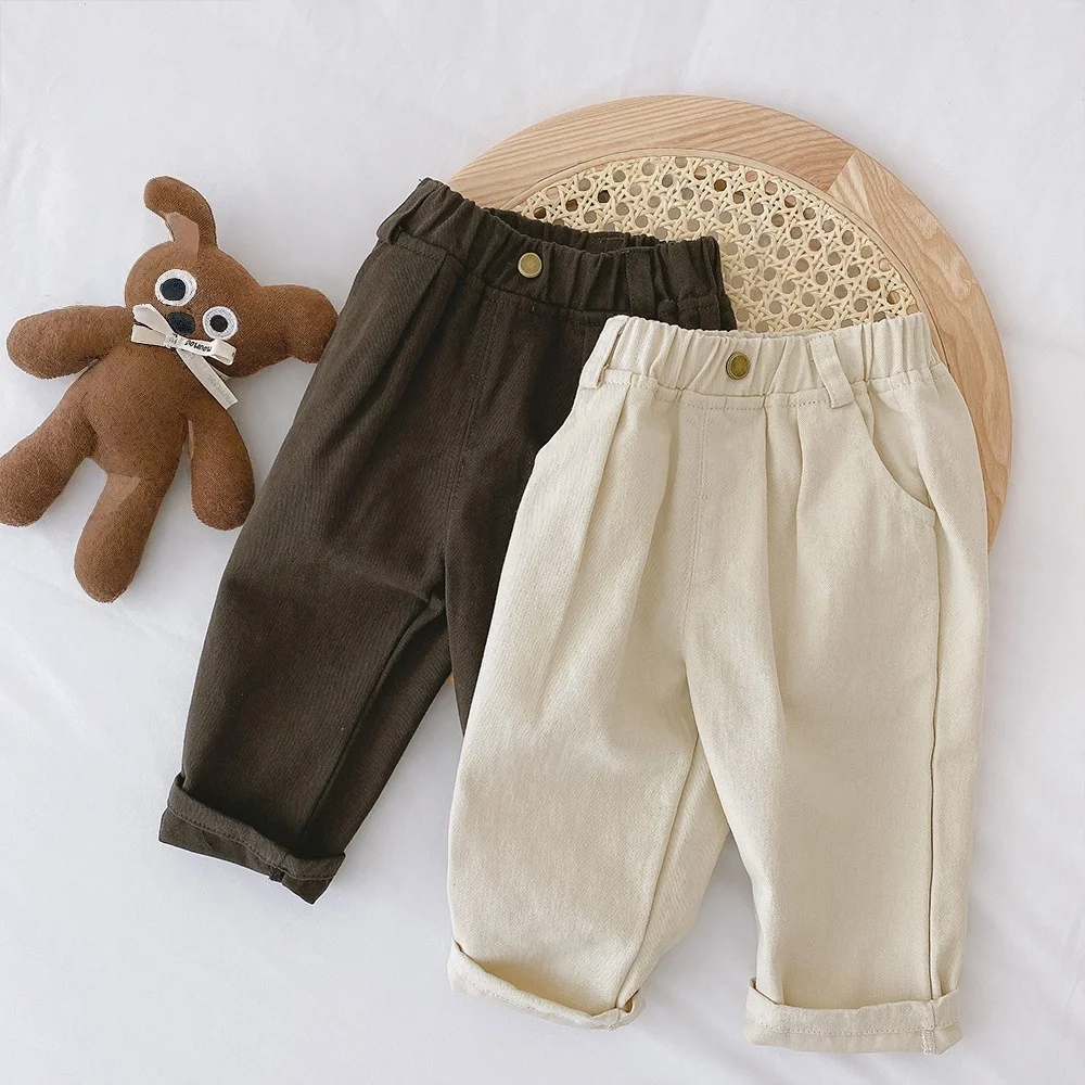 

Korean Style Toddler Boy Autumn Pants Elastic Waist Solid Color Button Trousers 1-6Y Casual Kids Clothes