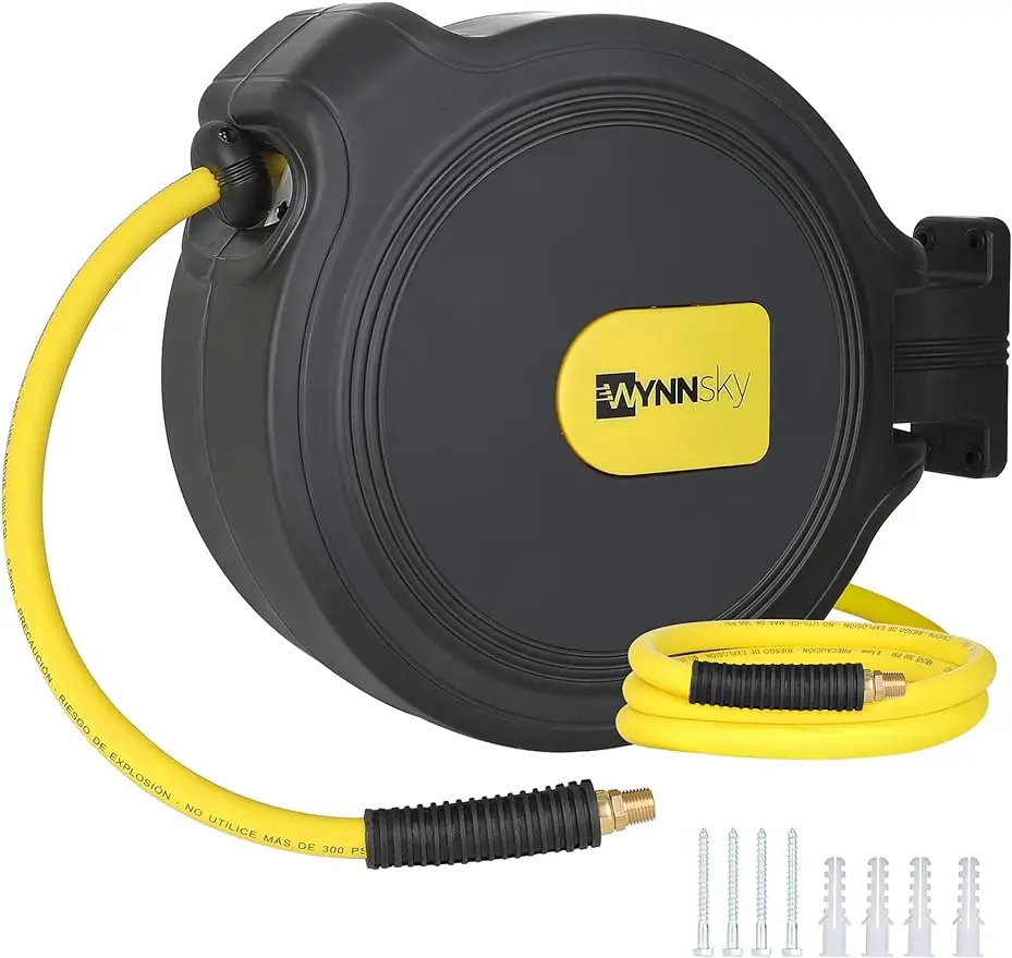 

Automatic Retractable Enclosed Air Compressor Hose Reel with 3/8 inch x 50 ft Hybrid Air Hose for Workshop Garage