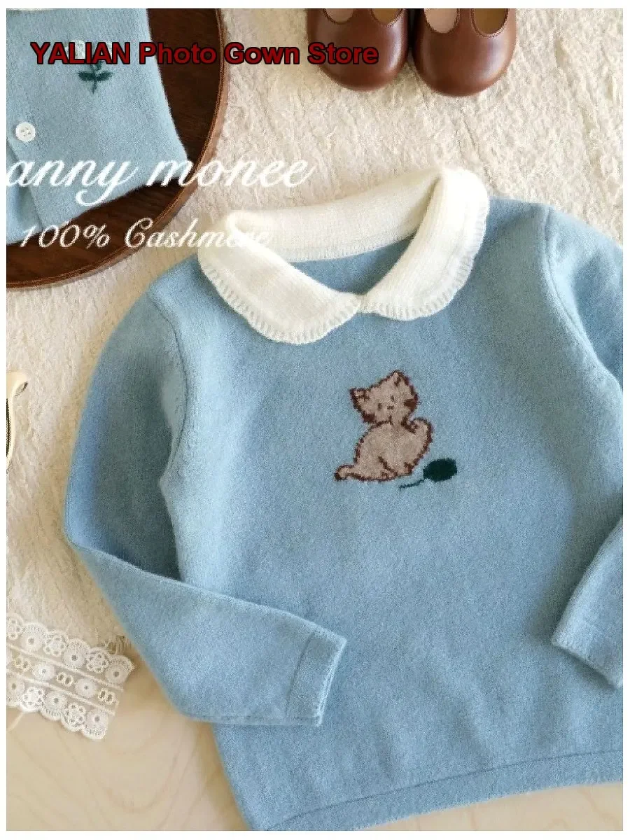 Girls Cardigan Kids Solid Color Cute Cat Hand Embroidered Cashmere Sweater Thickened