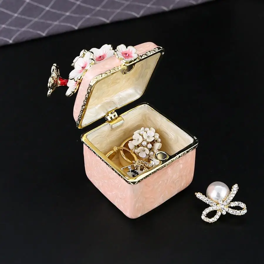 Pink And Green Enamel Jewelry Box. Hand-painted Cherry Blossom Jewelry Flip-top Storage Box. Ear Studs Rings Jewelry Storage