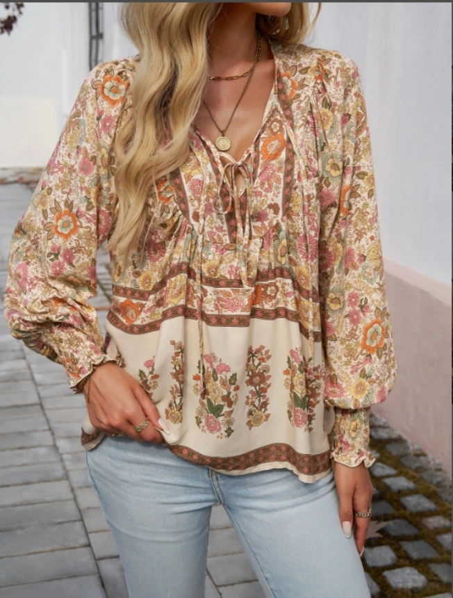 

Printed V-neck lace up long sleeved women's shirt
