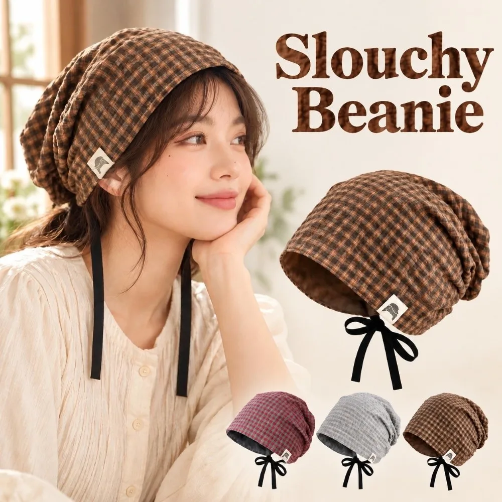 New Plaid Pattern Slouchy Beanie Foldable Cotton Fabric Knit Hat Vintage Style Loose Fit Plaid Skull Cap Casual Daily Wear