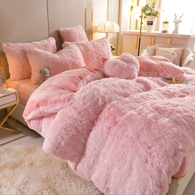 

Home Textiles Pink Winter Warm Velvet Embroidery Princess Bedding Set Double Duvet Cover Set Bed Sheet Pillowcases