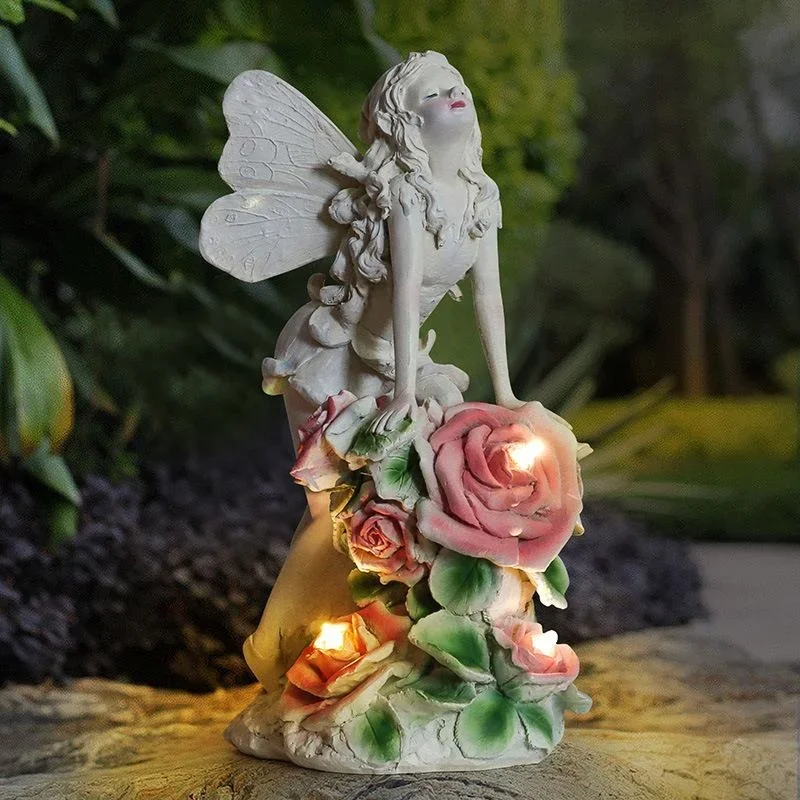 Solar Angel Girl Statue Exquisite Flower Fairy Craft Ornament Prayer Angel Shaped Lamp Decoration for Home Garden Courtyard