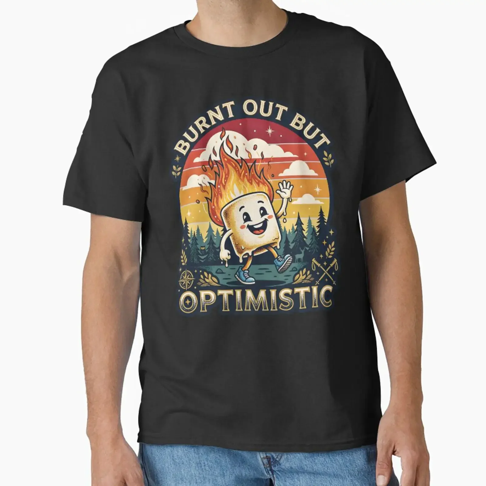 T-shirt classique vintage « Burnt Out But Optimistic Funny Marshmallow » pour homme, respirant, graphique, légèrement décontracté et polyvalent